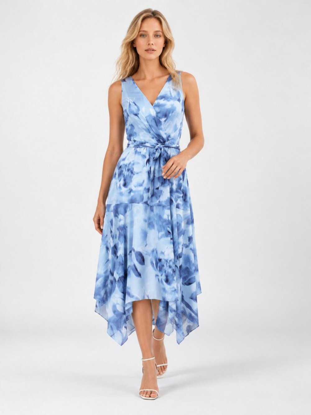 White House Black Market Blue Scarf Hem Sleeveless Chiffon Dress 10
